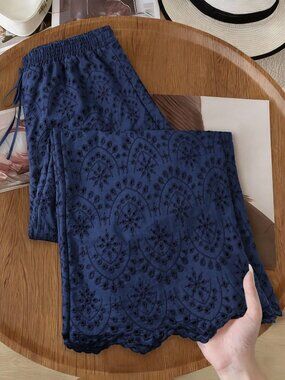 Navy Blue Casual Women's Plus Size Embroidered Pants